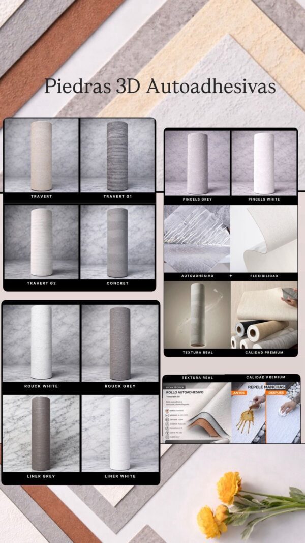 Rollo autoadhesivo de piedras 3D texturadas de 3mts x 0,60cm de ancho